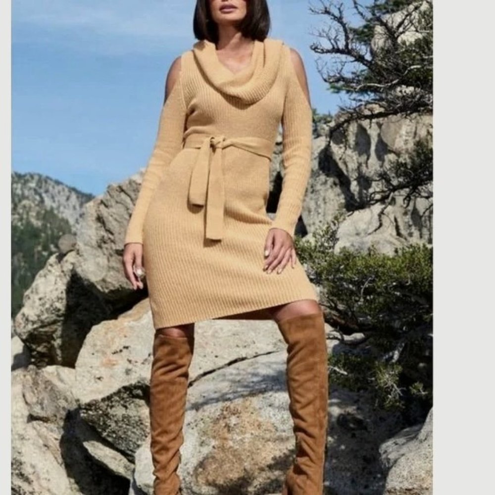 Cold Shoulder Lurex Cowl Neck Sweater Dress Gold color Size XL